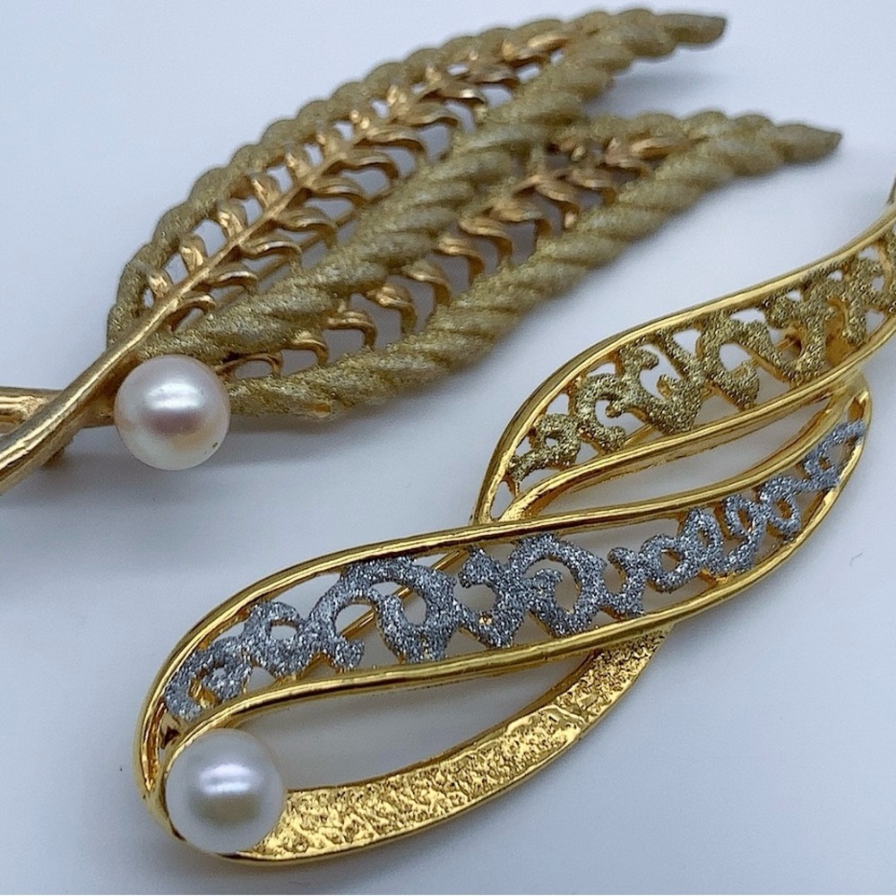 2 Genuine Pearl, Elegant Gold and Silver Leaf Pearl Brooches